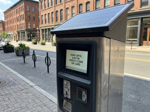 Solar powered parking meter with digital screen on a sunny city street