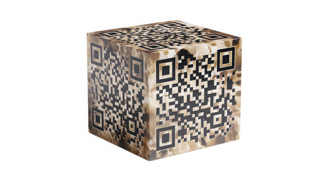 QR code cube with brown texture stands isolated on a transparent background.