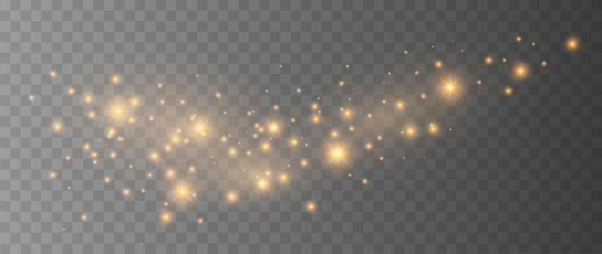Golden Sparkling Light Trail with Glowing Particles and Stars Isolated on Transparent Background