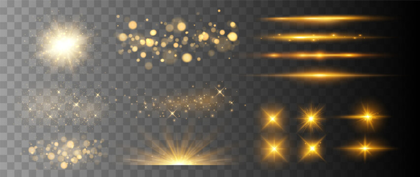 Golden Light Effects Collection with Glowing Sparkles, Bokeh, Starbursts and Light Streaks Isolated on Transparent Background
