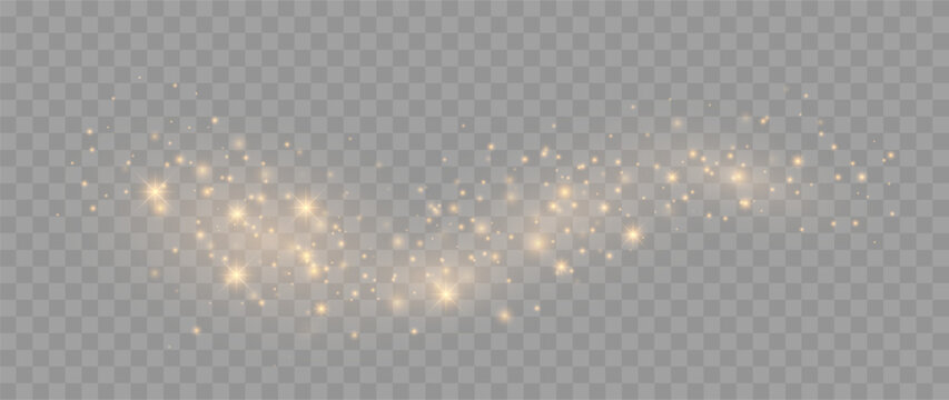 Golden Glittering Particle Wave with Glowing Stars and Magic Sparkles Isolated on Transparent Background