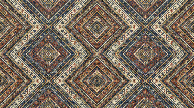 Woven bohemian diamond pattern fabric with indigo blue and rust orange tones for ethnic upholstery textile design.