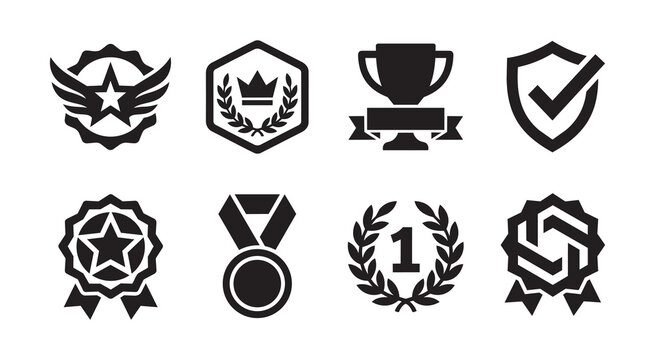 A set of black silhouette icons depicting various awards, trophies, medals, and achievement badges