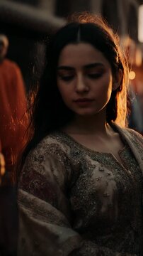 Persian Woman Walking Through Ancient Bazaar in Iran at Sunset
