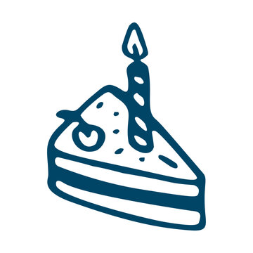 Cute cake slice with candle doodle vector illustration