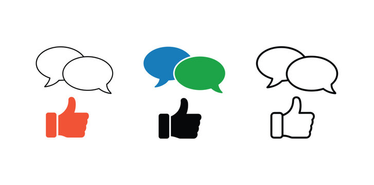 Social Media Communication Icons. A set of stylized icons representing social media engagement, including speech bubbles for comments and thumbs-up for likes.