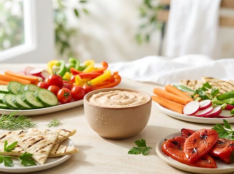 Fresh vegetable platter with hummus dip and grilled pita bread on a bright sunny kitchen table setting. Easy BBQ dips