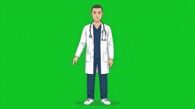 Full-body cartoon illustration of a male doctor in a white coat and stethoscope, standing against a green screen background.