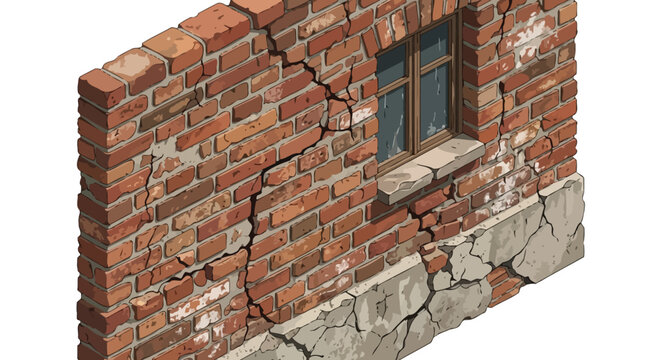 Isometric Cracked Red Brick Wall Section with Window