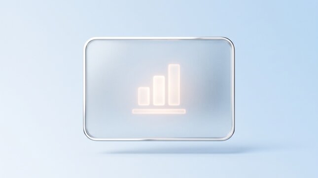 Minimalist 3D frosted glass panel with chart icon for business data growth and financial analysis visualization on blue background