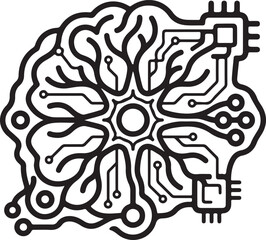 Fototapeta premium Artificial Intelligence Neural Network Brain Circuit Board and Microchip Processor Outline Icon Illustration