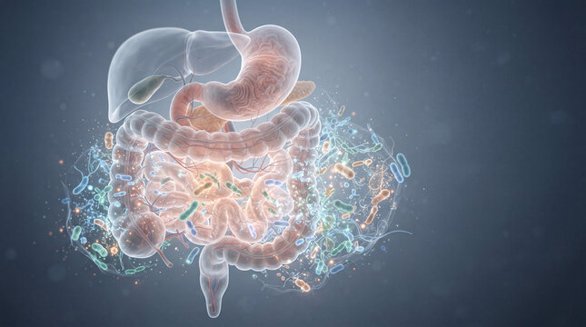 3D Human Digestive System with Gut Microbiome and Probiotics Concept