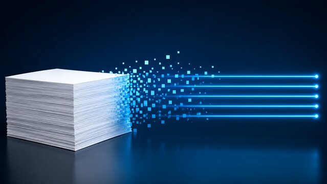 Digital Transformation Process Converting Physical Paper Documents into Glowing Data Streams