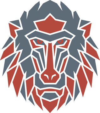 Geometric baboon head logo design, stylized primate vector illustration in red and grey.