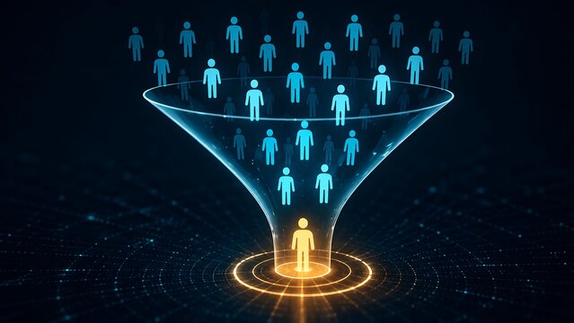 Digital marketing funnel conceptualizing customer acquisition lead generation and target audience filtering