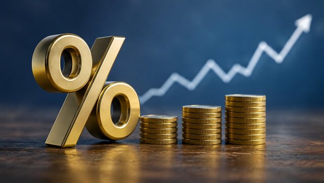 Golden percentage sign with stacked coins and upward trending graph symbolizing financial growth and high interest rates