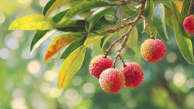 Fresh lychees growing in clusters along a tree branch in a lush tropical garden, illuminated by gentle morning sunlight and surrounded by vibrant natural greenery	