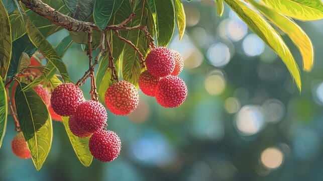 Fresh lychees growing in clusters along a tree branch in a lush tropical garden, illuminated by gentle morning sunlight and surrounded by vibrant natural greenery	