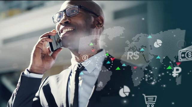 Phone call, finance hologram and businessman in office for communication on cryptocurrency share price. Contact, cellphone and African broker with trading overlay for online investment risk client.