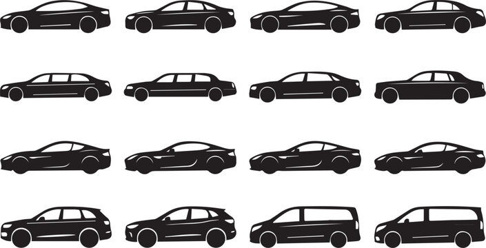 Car side view silhouette icon set sedan sports car limousine suv van vector