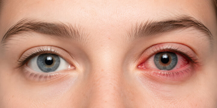 Red Irritated Eye Compared with Healthy Eye, Conjunctivitis and Eye Inflammation Concept
