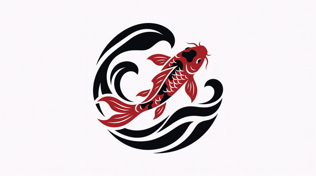 Red Koi Fish with Black Circular Waves Japanese Ornamental Emblem