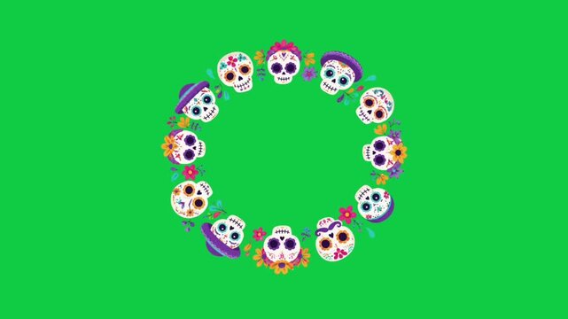 Colorful Animated Circle of Festive Sugar Skull Characters on Green Background &ndash; Suitable for Children's Halloween Content, Dia de los Muertos Videos, Educational Projects and Party Design