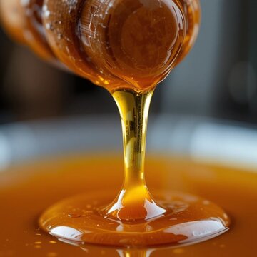 Thic, viscous golden honey pouring smoothly from a wooden dipper, macro shot capturing thick drips