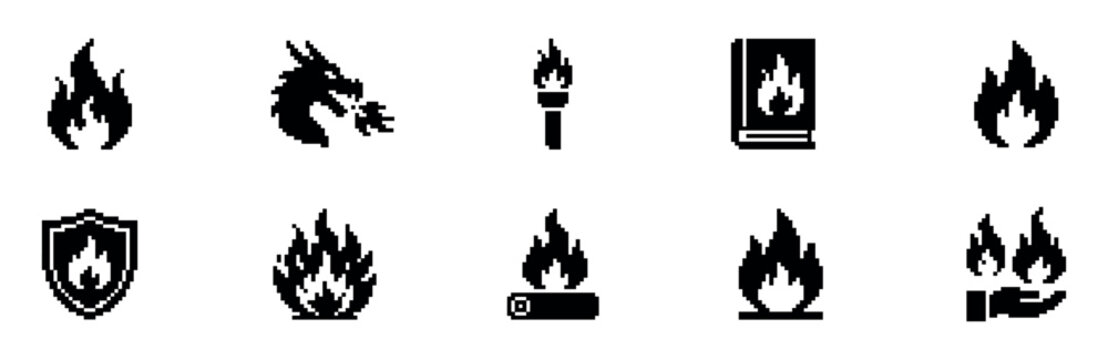 Fire pixel icon set. Pixelated flame, fire breathing dragon head, torch flame, flaming book, shield protection, campfire, burning log, ground fire and hand holding fire. Vector illustration.
