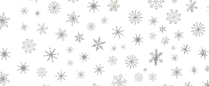 Elegant seamless pattern featuring falling grey snowflakes on a white background.