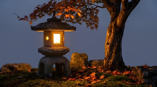 Glowing Japanese stone lantern under an autumn maple tree at twilight. Warm light on moss and fallen red leaves against a dark blue dusk sky background with copy space