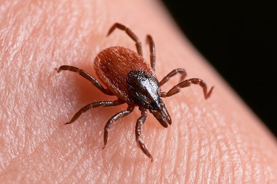 Extreme close-up macro shot of a brown tick crawling on human skin.