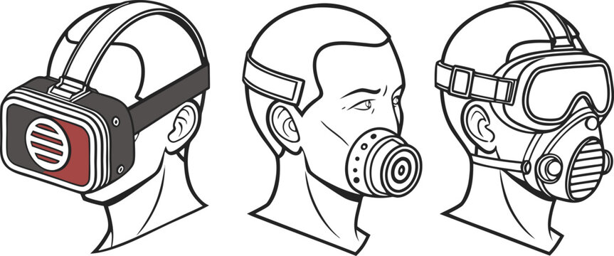 Set of three human head profiles wearing different types of protective masks and gear in a clean black and white line style on white