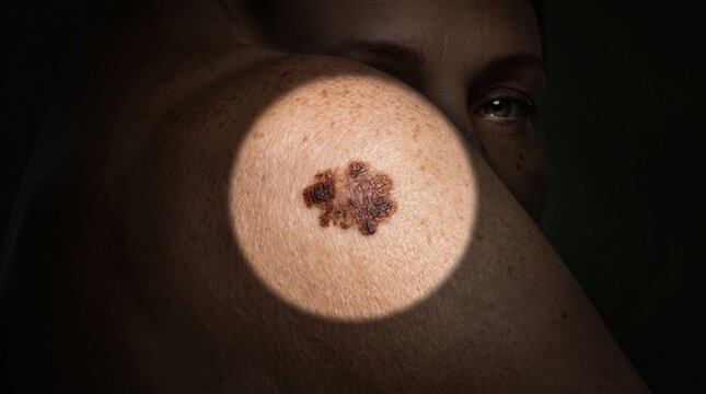 Close up of an irregular dark mole melanoma on woman's shoulder with spotlight effect
