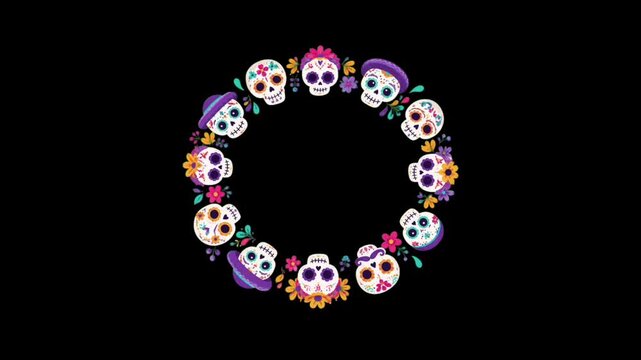Colorful Animated Circle of Festive Sugar Skull Characters on black Background , Suitable for Children's Halloween Content, Dia de los Muertos Videos, Educational Projects and Party Design