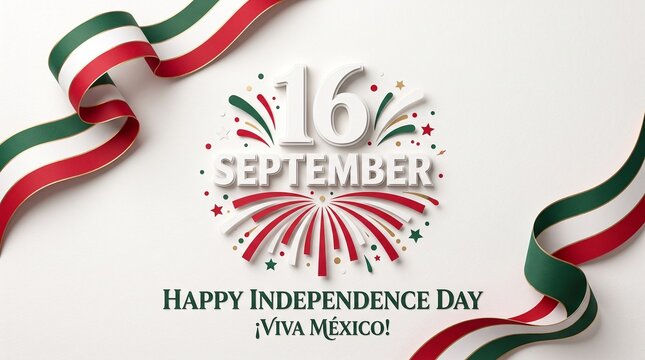 Mexican Independence Day celebration background, 16 September Viva Mexico greeting, festive flag ribbons and fireworks on white
