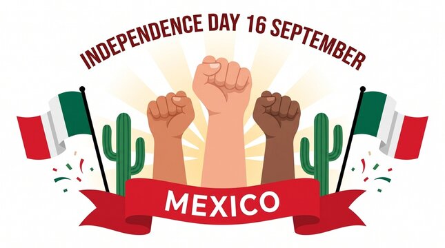 Mexico Independence Day 16 September celebration, raised fists with Mexican flags and cactus, patriotic holiday banner