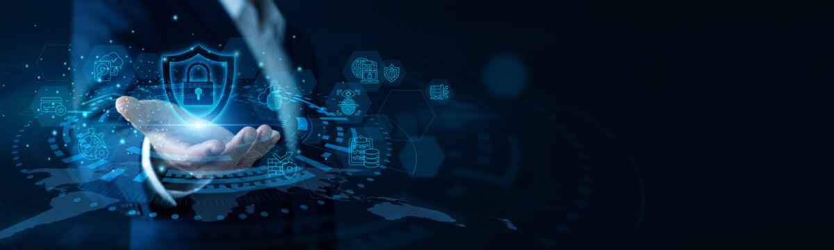 Security analyst and network admin holding hands deploying Cybersecurity firewalls across a secure virtual screen detecting active malware threats. Advanced digital protection blocking a hack.