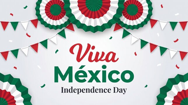 Viva Mexico Independence Day celebration background, festive Mexican bunting and paper rosettes, patriotic holiday greeting card