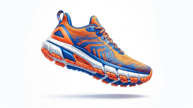Dynamic orange and blue athletic running shoe with a rugged tread sole, engineered for performance and comfort, isolated on white background