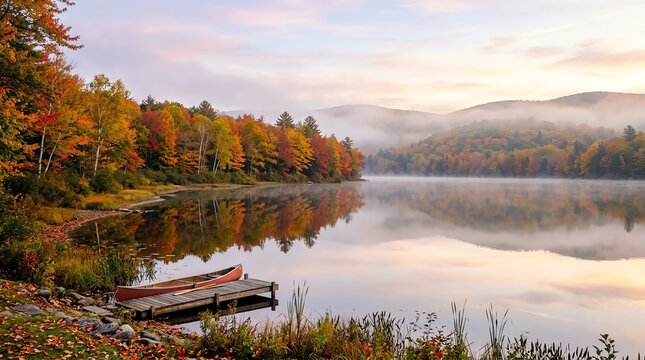 Serene autumn lake landscape with a wooden dock and canoe during morning sunrise