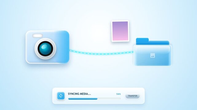 Digital camera photo import interface animation with abstract frutiger aero aesthetic