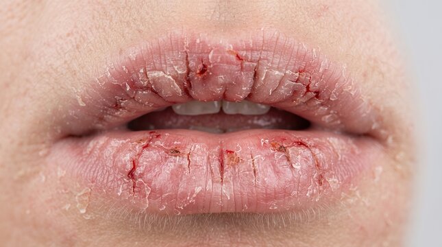 Extreme close-up of severely dry, cracked and bleeding lips, severe cheilitis and dehydration pathology