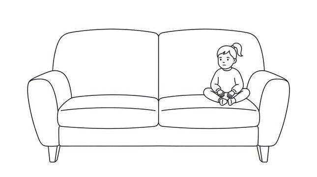 Line drawing of a small child sitting on a large sofa