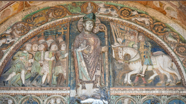 Medieval relief depicting Saint Zeno with narrative scenes in Verona, Italy