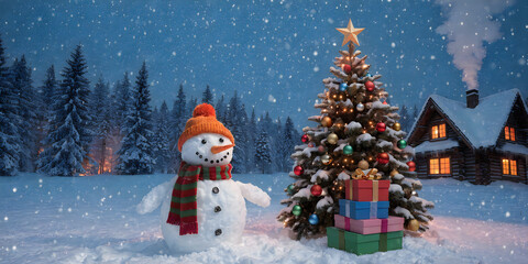 Fototapeta premium Happy snowman standing next to a decorated christmas tree in a snowy night city