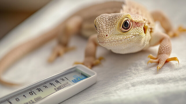Bearded dragon rests near a digital.