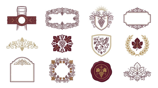 Vintage Wine Labels and Emblems Collection Isolated on Transparent Background