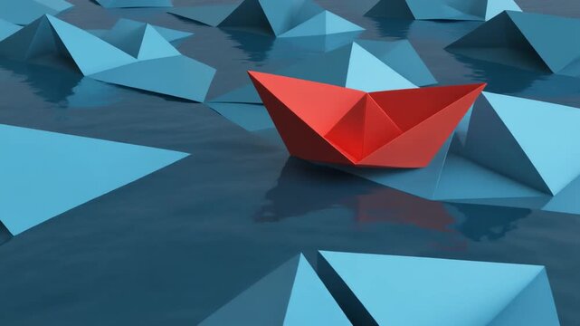 Red Paper Boat Leads Among Blue Origami Ships on Water, Individuality Concept