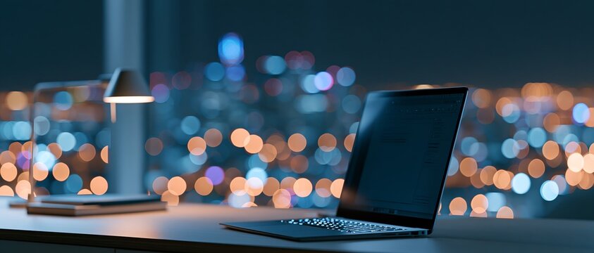 Nighttime office with laptop and lamp